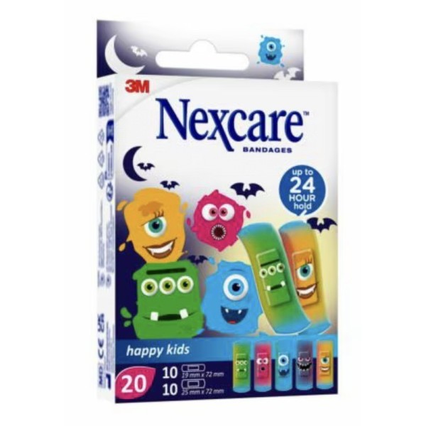 Nexcare Active Happy Kids Aposito Adhesivo Monsters 10 u 25 mm X 72 mm + 10 u 19 mm X 72 mm